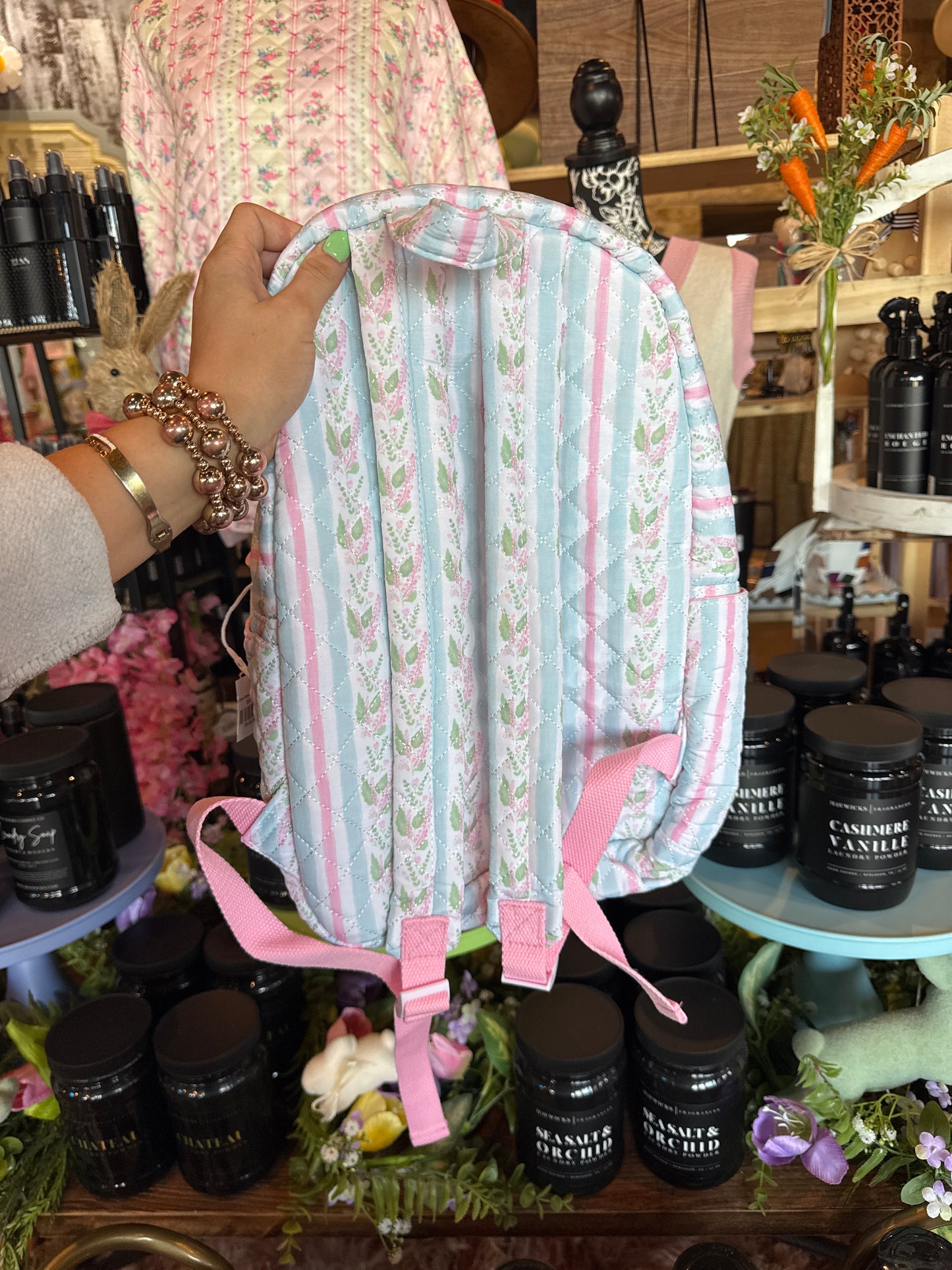 Blue Floral Stripe Quilted Backpack