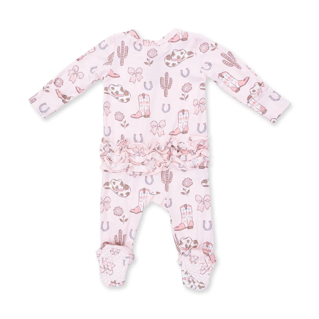 Cowgirl Boots and Bows 2 Way Ruffle Back Zipper Footie