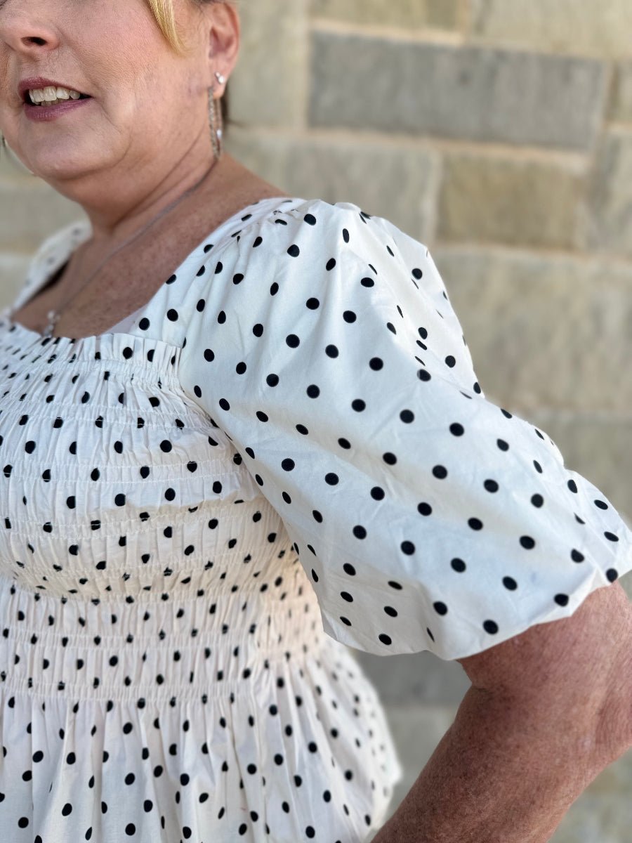 Vintage Charm Polka Dot Smocked Peplum Blouse-Feminine Puff Sleeve Woven Top