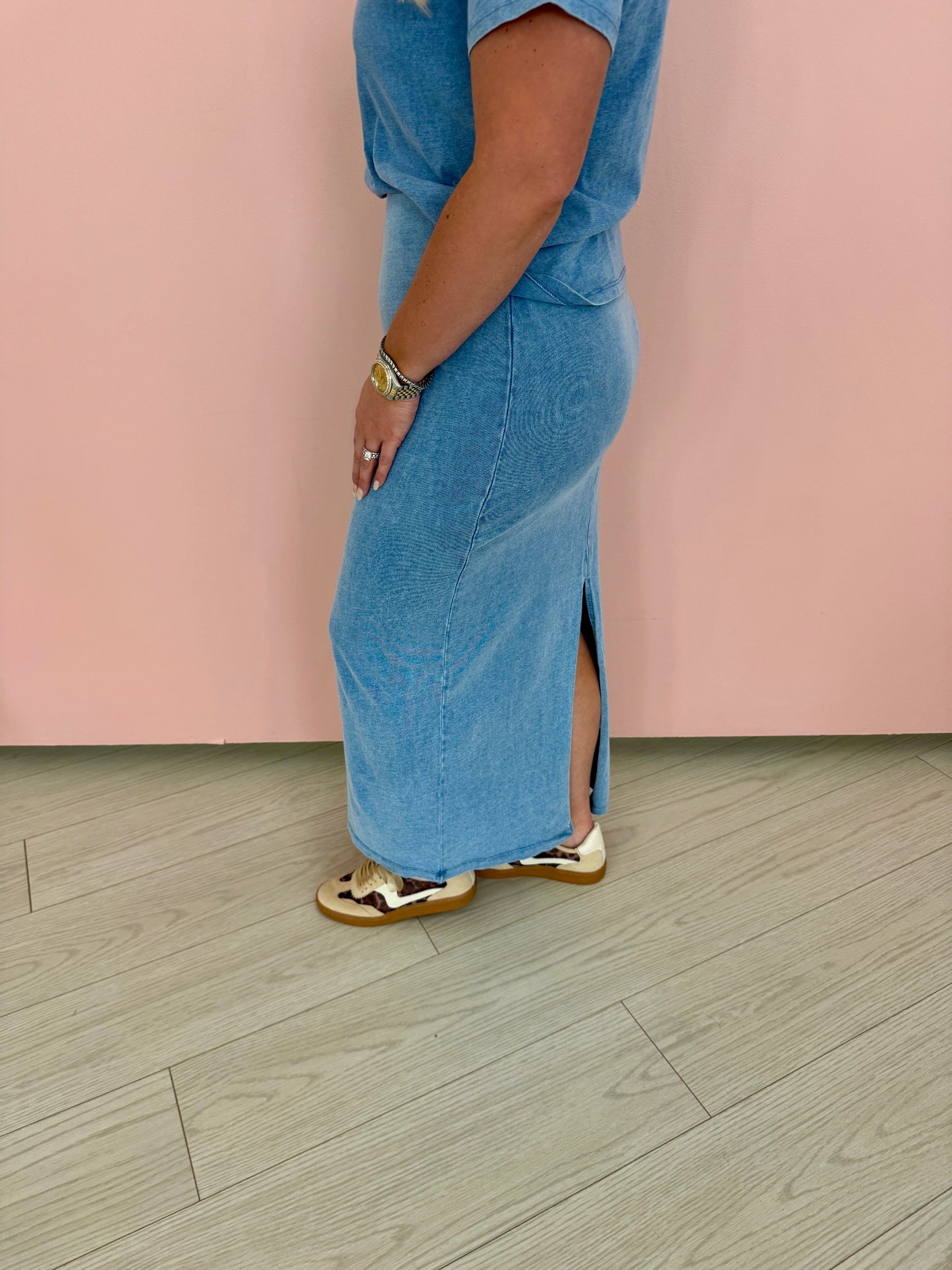 Gail Jersey Denim Midi Skirt-Blue
