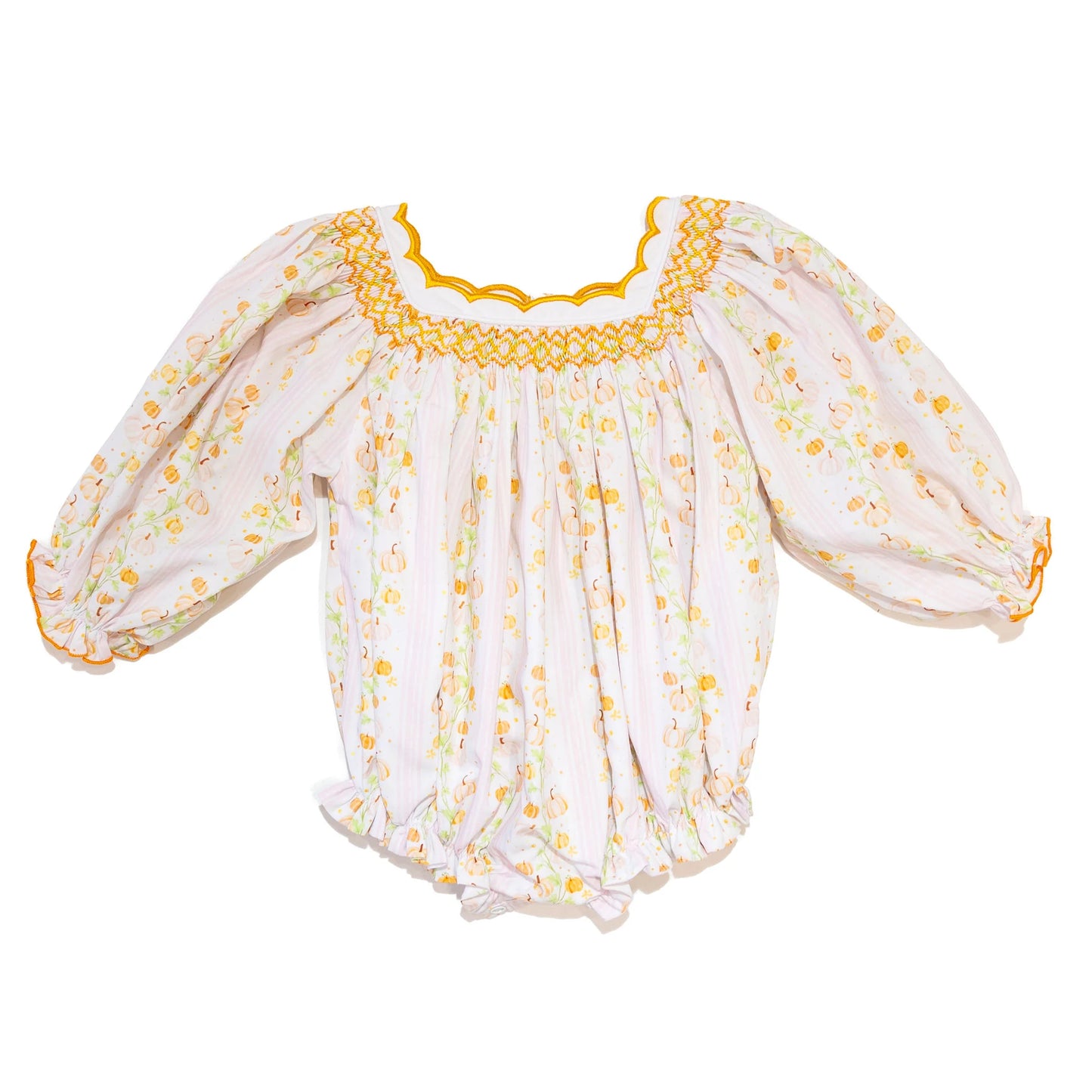 Girls Sweet Pumpkins Scalloped Collar Smocked Bubble