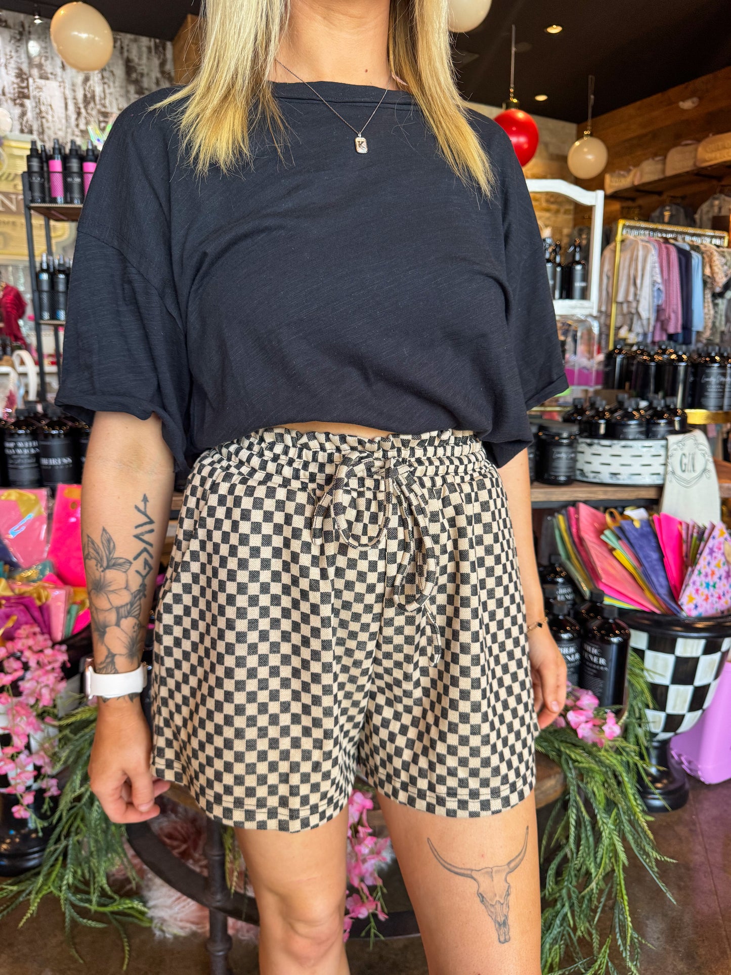 Checkerboard Ruffle Knit Shorts