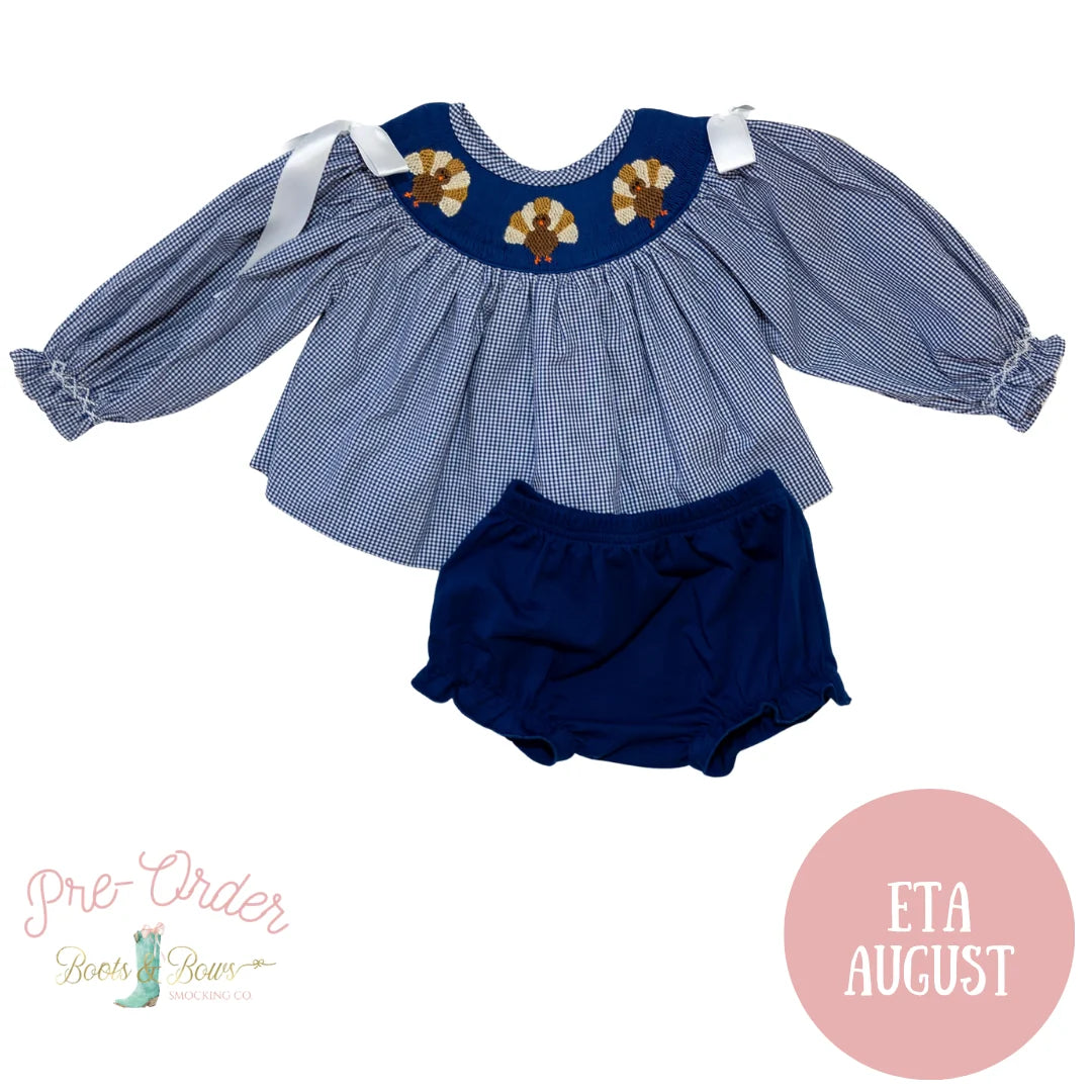 Girls Navy Gingham Smocked Turkey Diaper Set