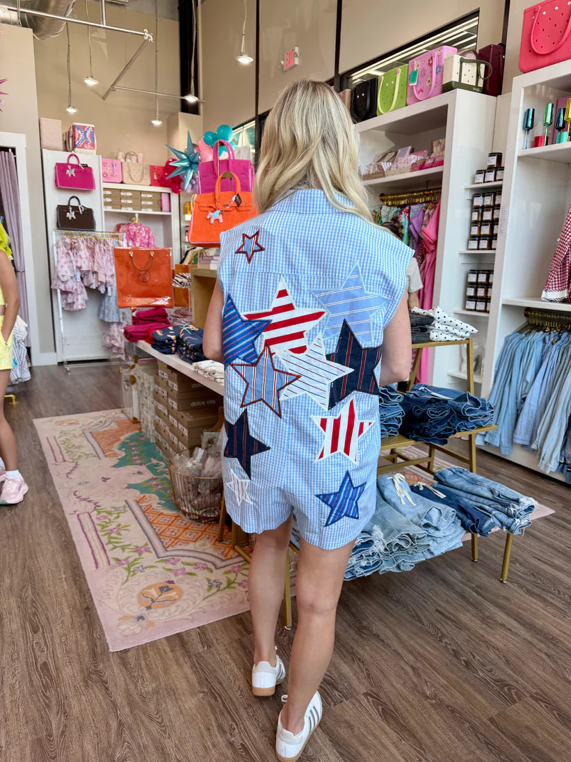 Blue & White Gingham USA Stripe Patch Stars Romper