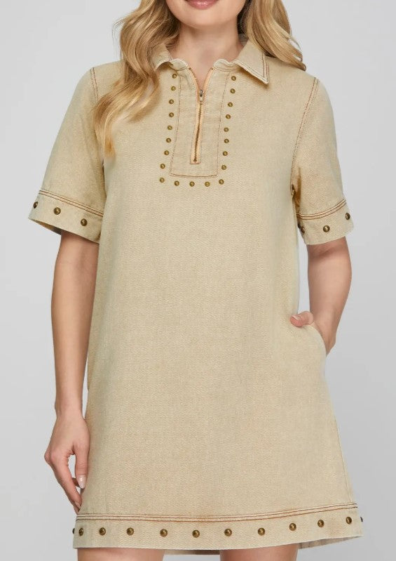 Stud Zip Dress Taupe