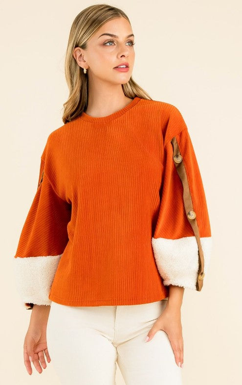 Velvet and Sherpa top Orange