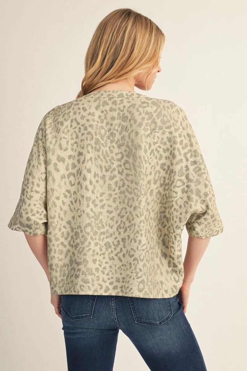 Drop shoulder button down metallic leopard top.