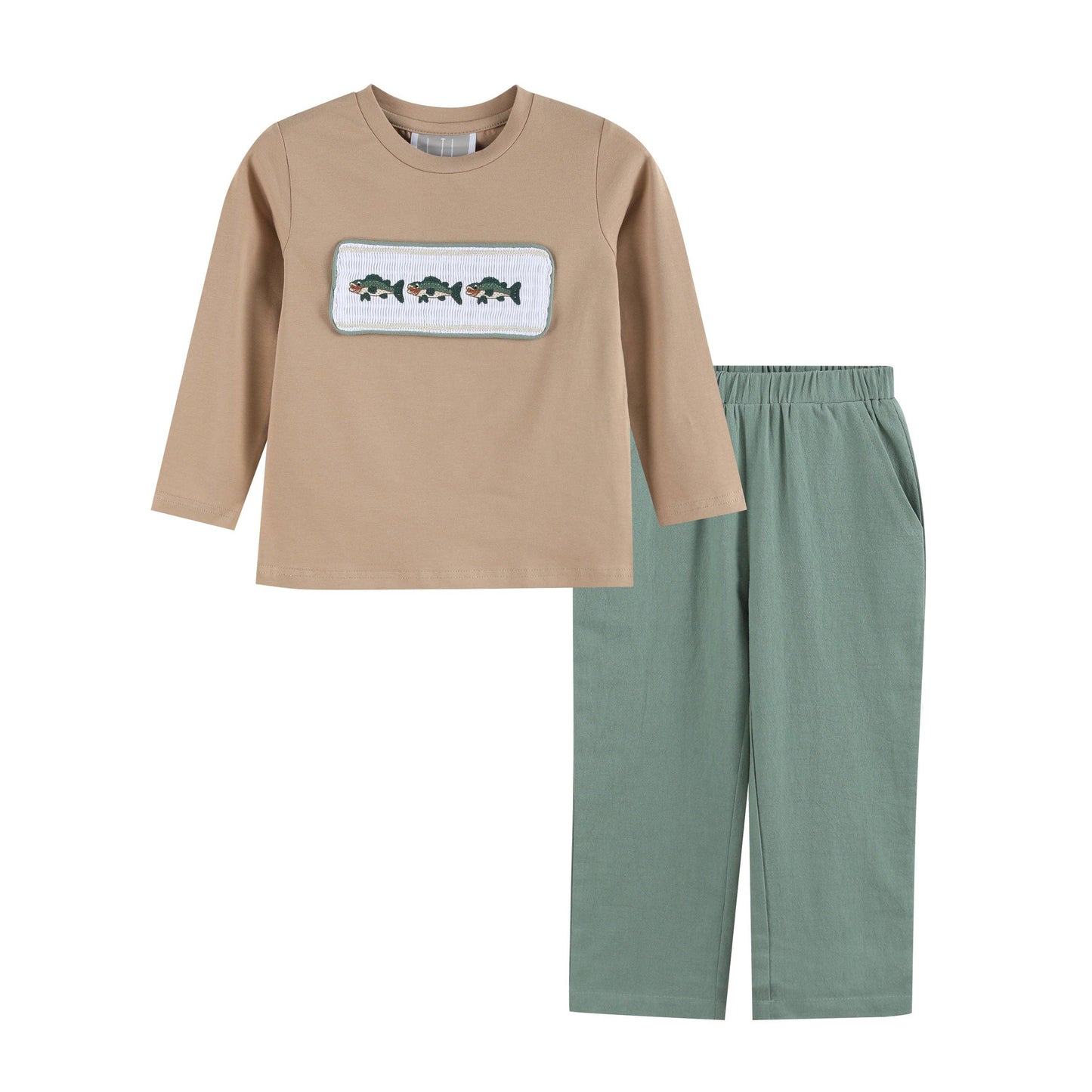 Oyster Brown Big Mouth Bass Smocked Shirt and Pants Set: 5Y