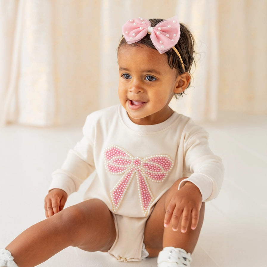 Pearl Bow Patch Long Sleeve Romper