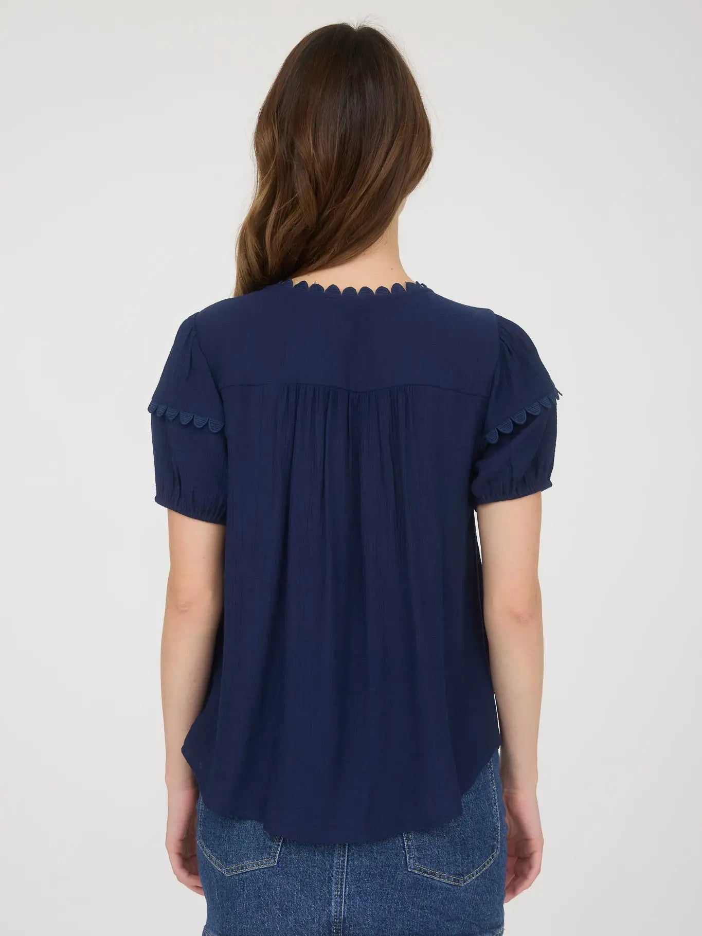Moments Like This Navy Scallop Trim Front Tie Detail Puff Sleeve Top