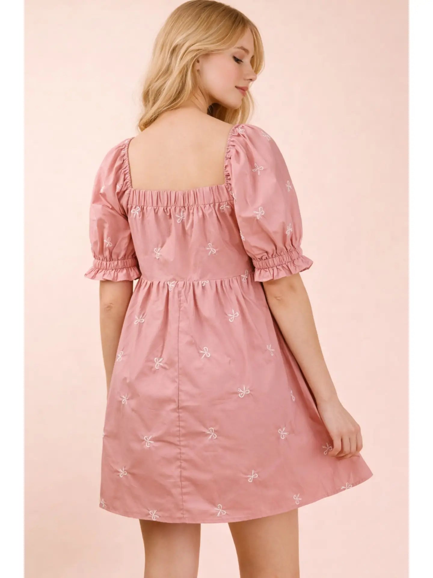 Pretty In Pink Embroidered Bow Square Neck Dress