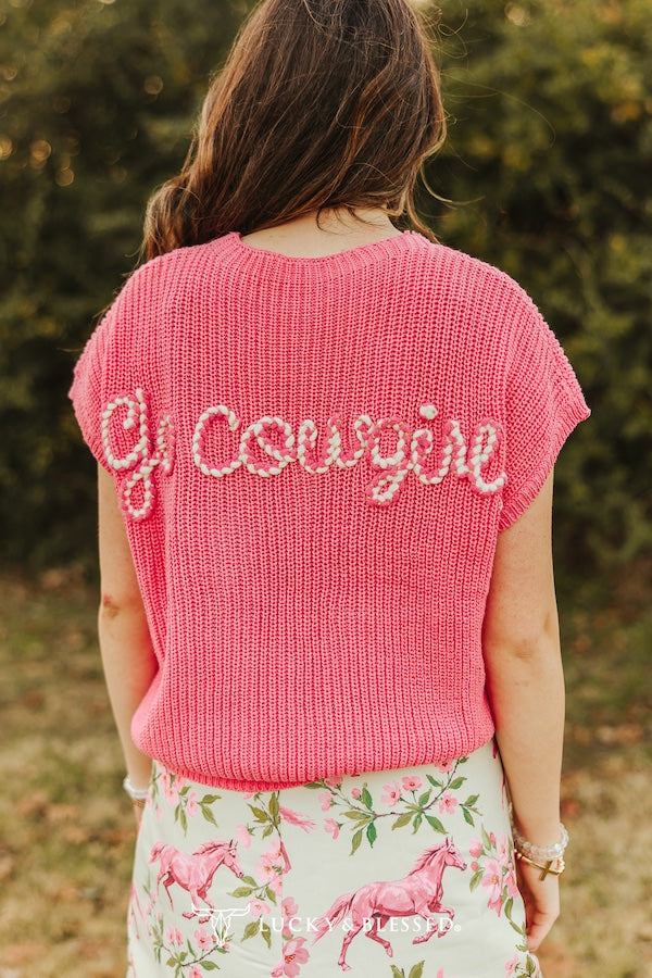 Pink Knit Sweater Boot-stitch Embroidered Pocket Edge Thread Top