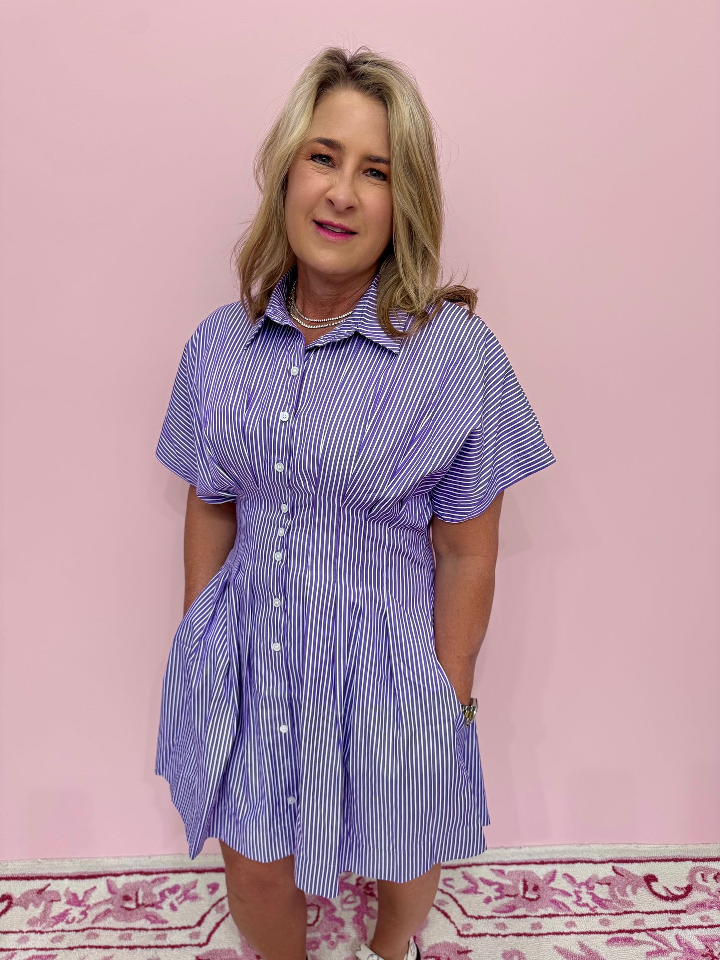 Pleated Stripe Shirt Dress- Purple
