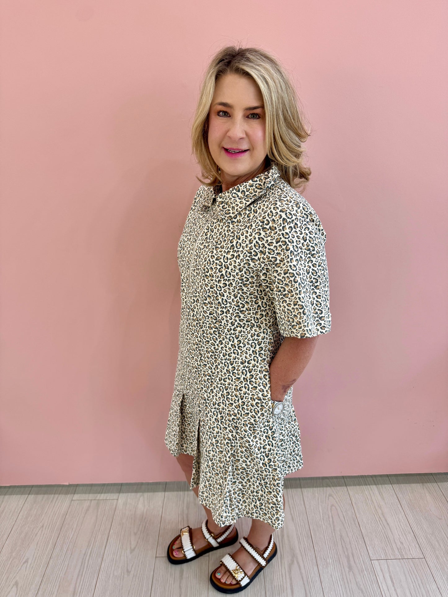 Cheetah Pleated Dress- Oatmeal