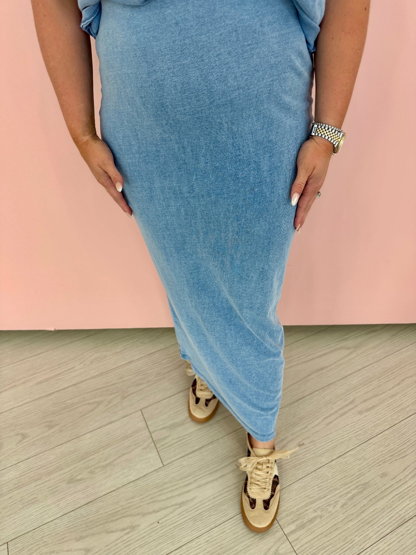 Gail Jersey Denim Midi Skirt-Blue