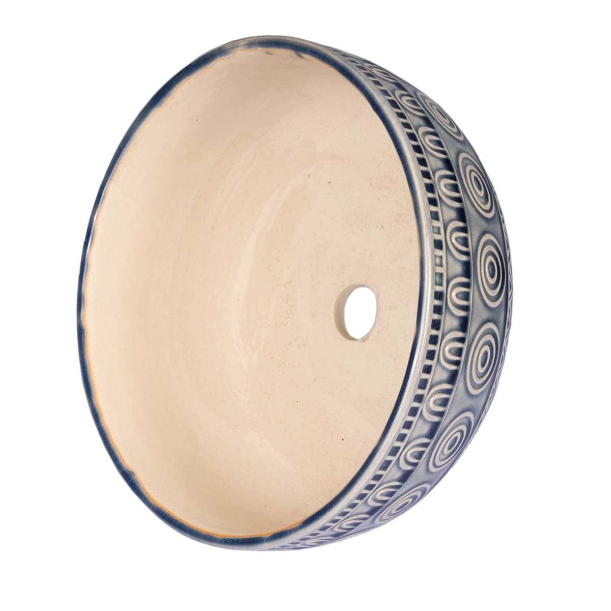 Ceramic 8" diameter blue planter with circular designs