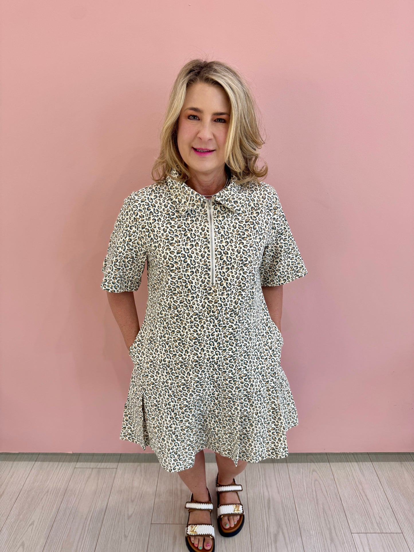 Cheetah Pleated Dress- Oatmeal