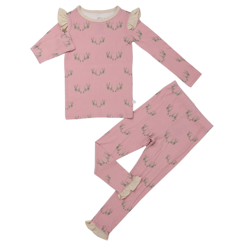 Girls pink ruffle antler loungewear set