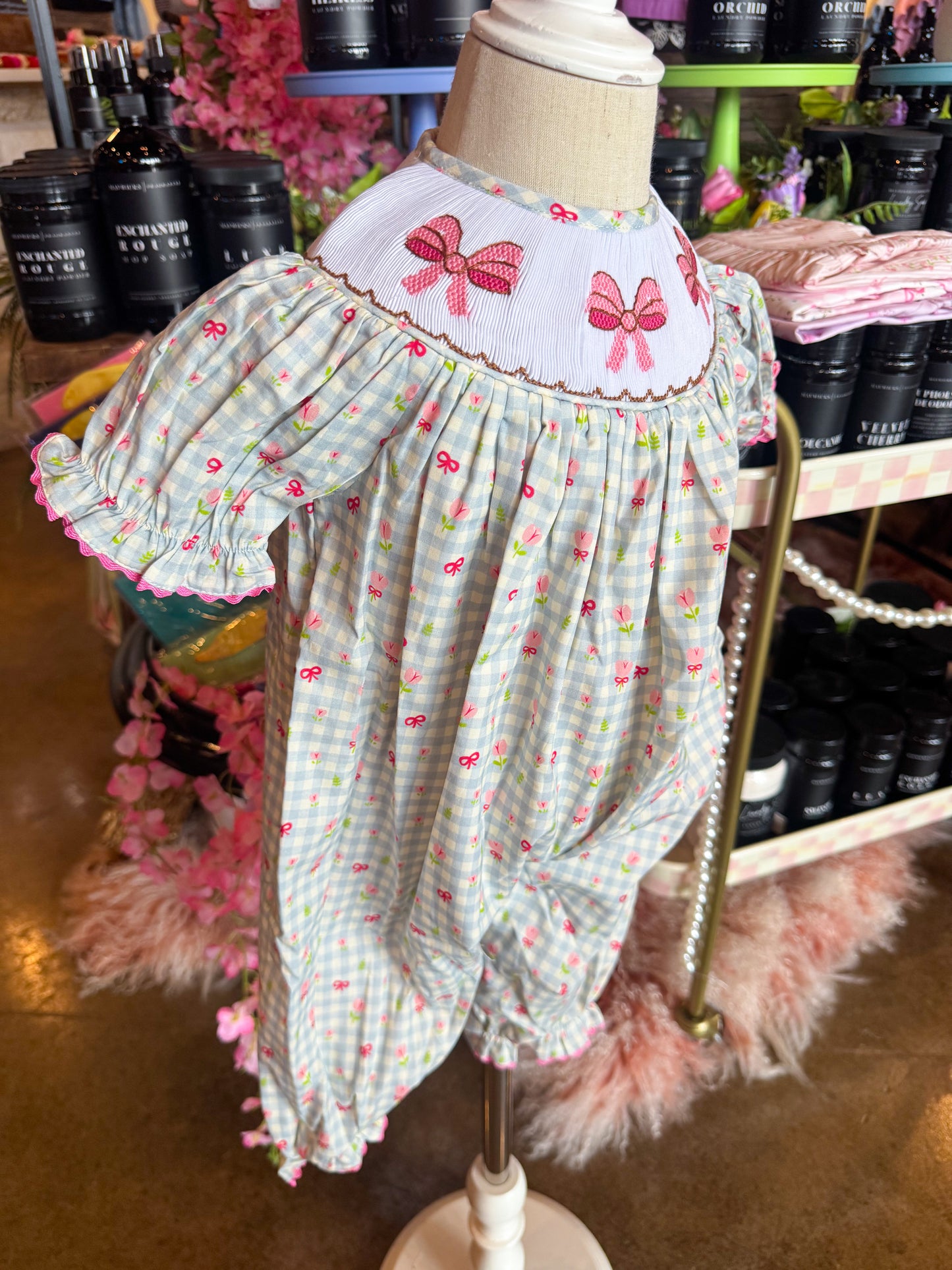 Pink Rose Smocked Bow Romper