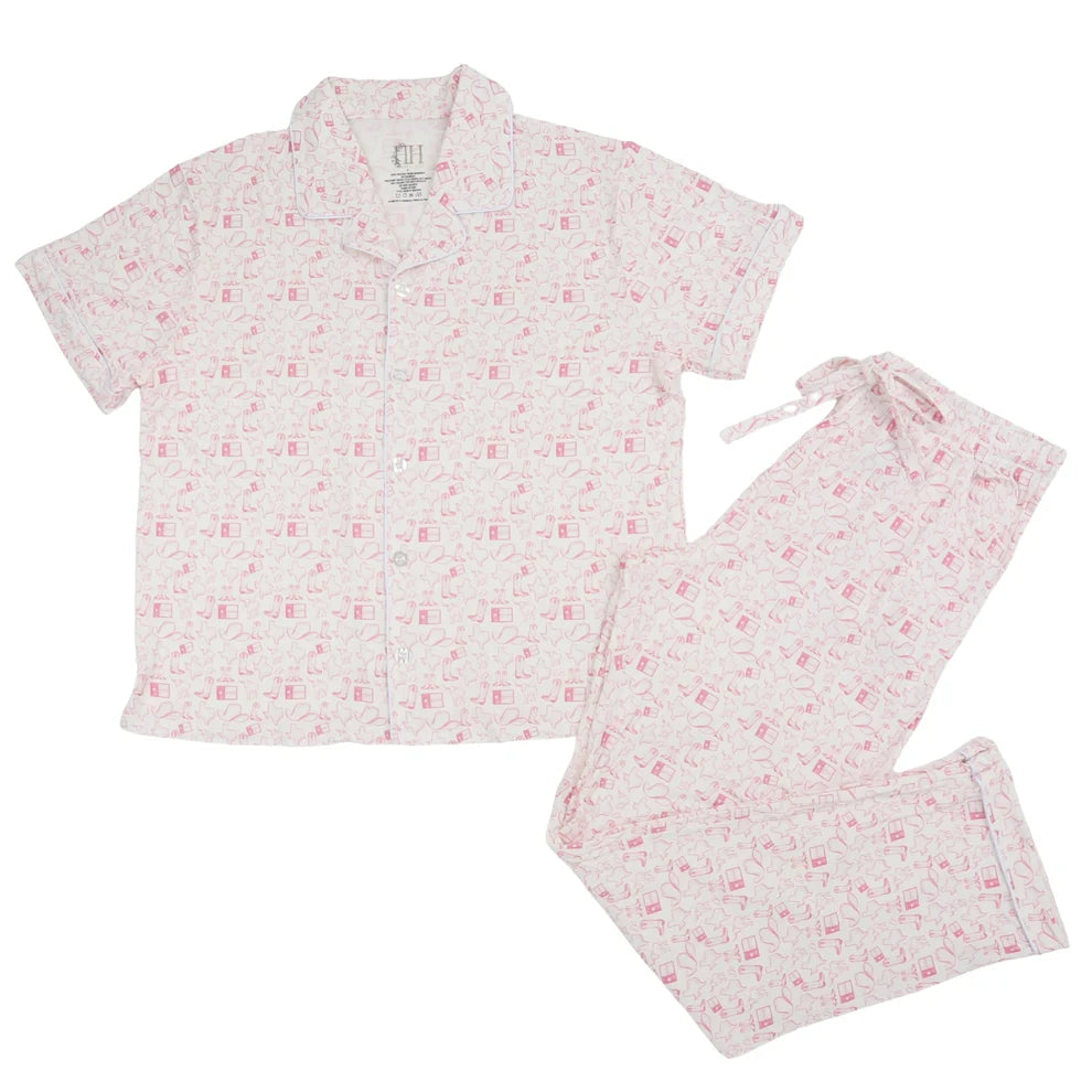 Womens Pink Wild West Short Sleeve Button Down Pants Set