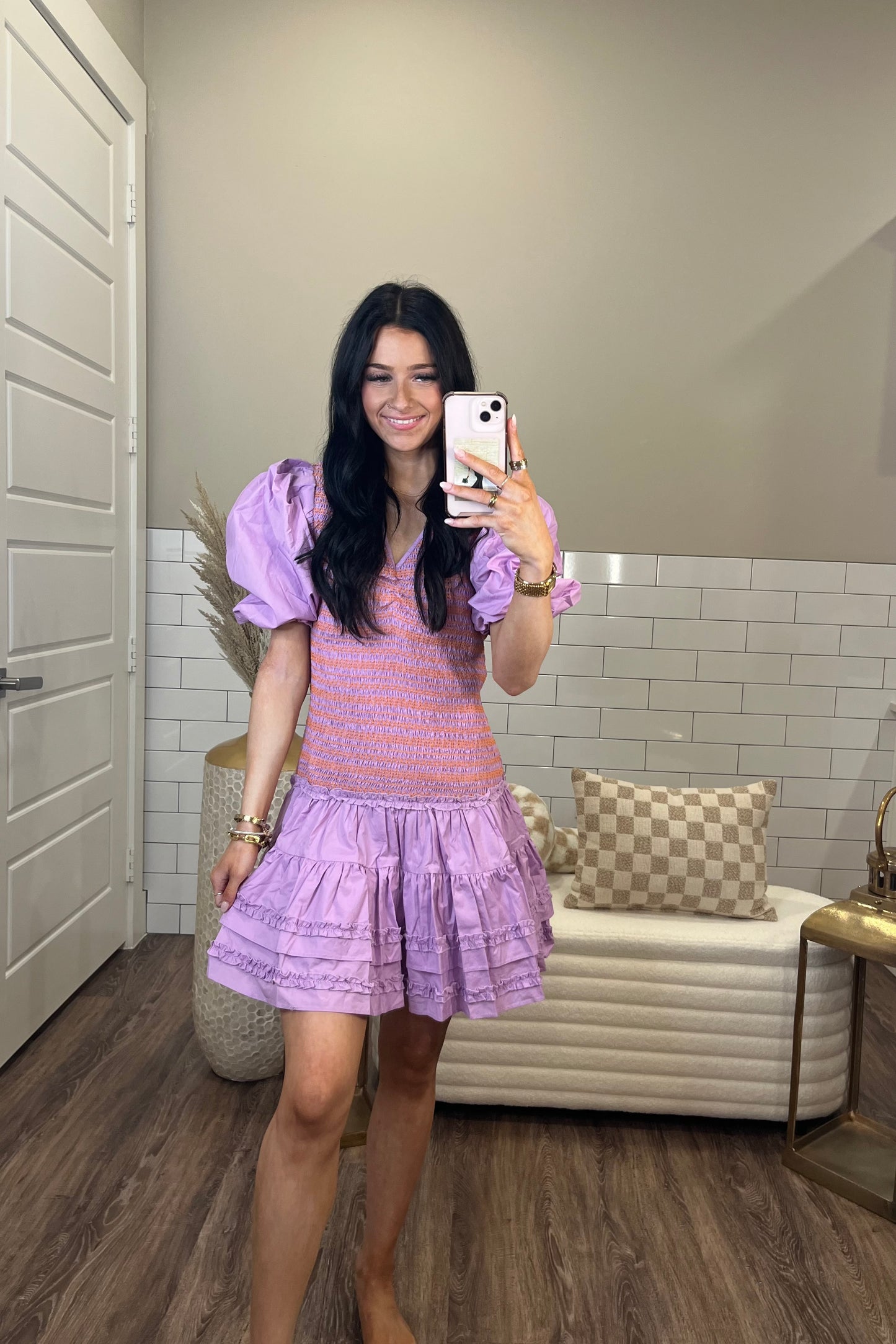 Solid Poplin Vneck Smock Stitch Dress