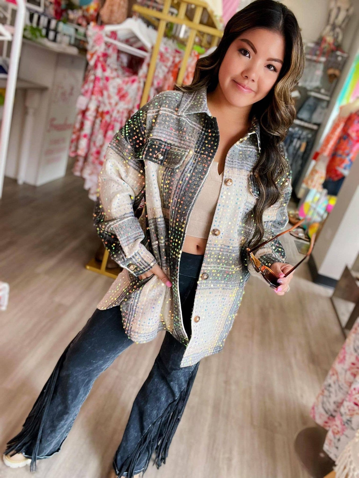 Mika Mocha Sequin Plaid Showstopper Shacket: M