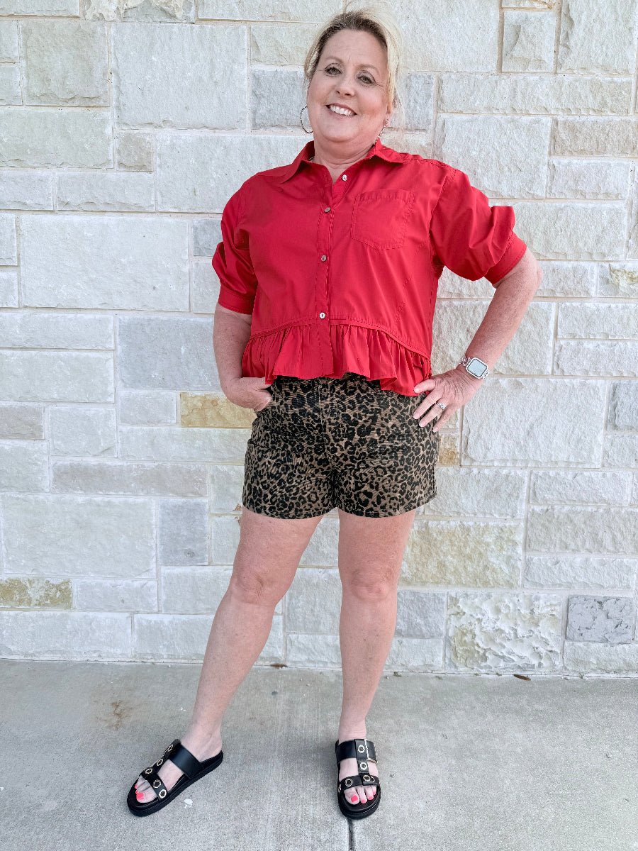 The Everly Ruffle Hem Short Sleeve Button-Down Blouse