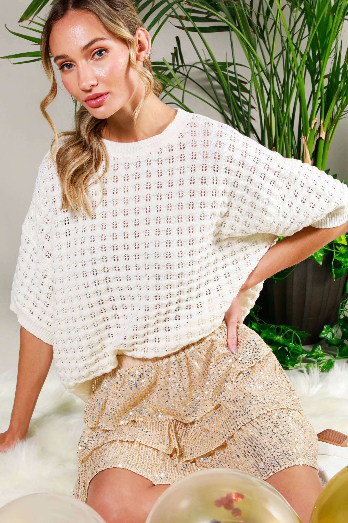 Crew Neck Short-Sleeve Crochet Knitted Sweater Top  VT81841: Lavender /