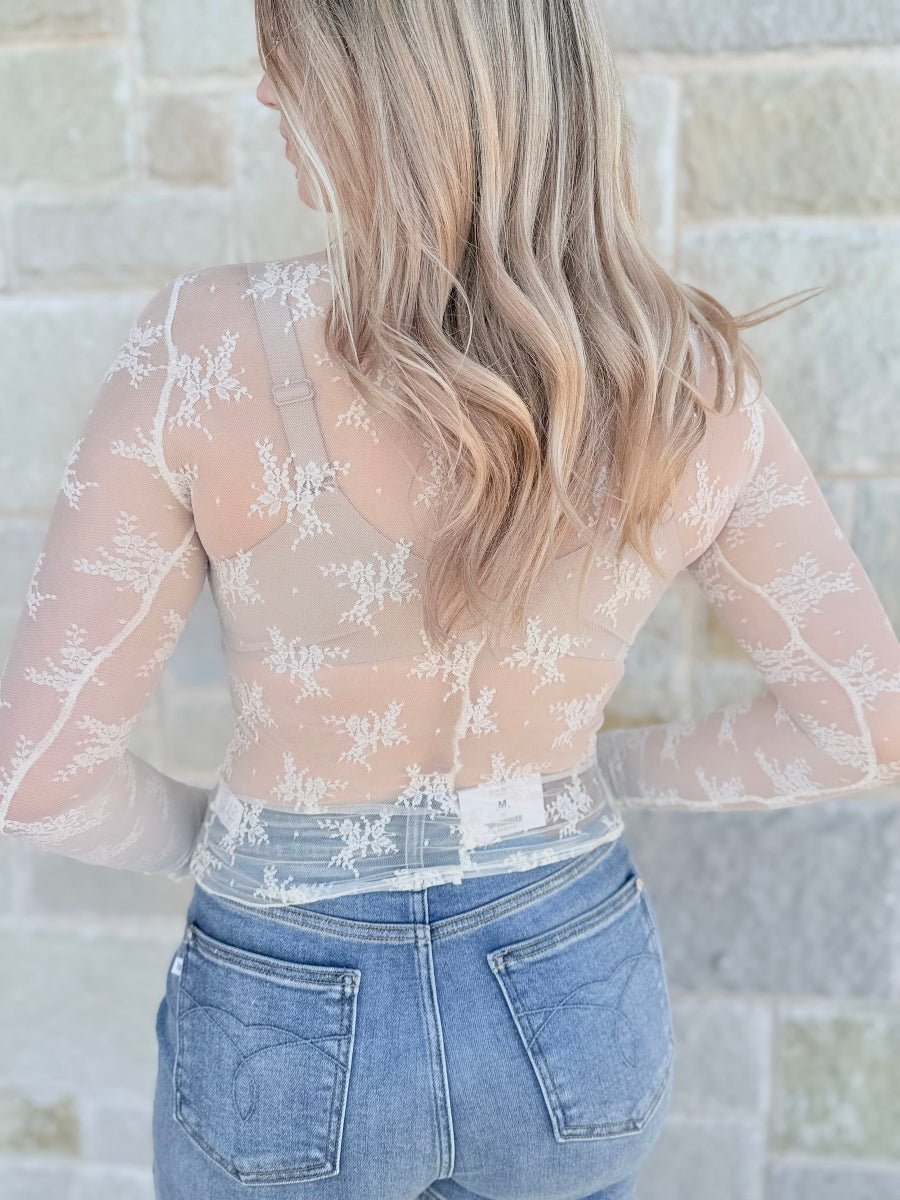 Ivory Floral Sheer Lace Long Sleeve Top