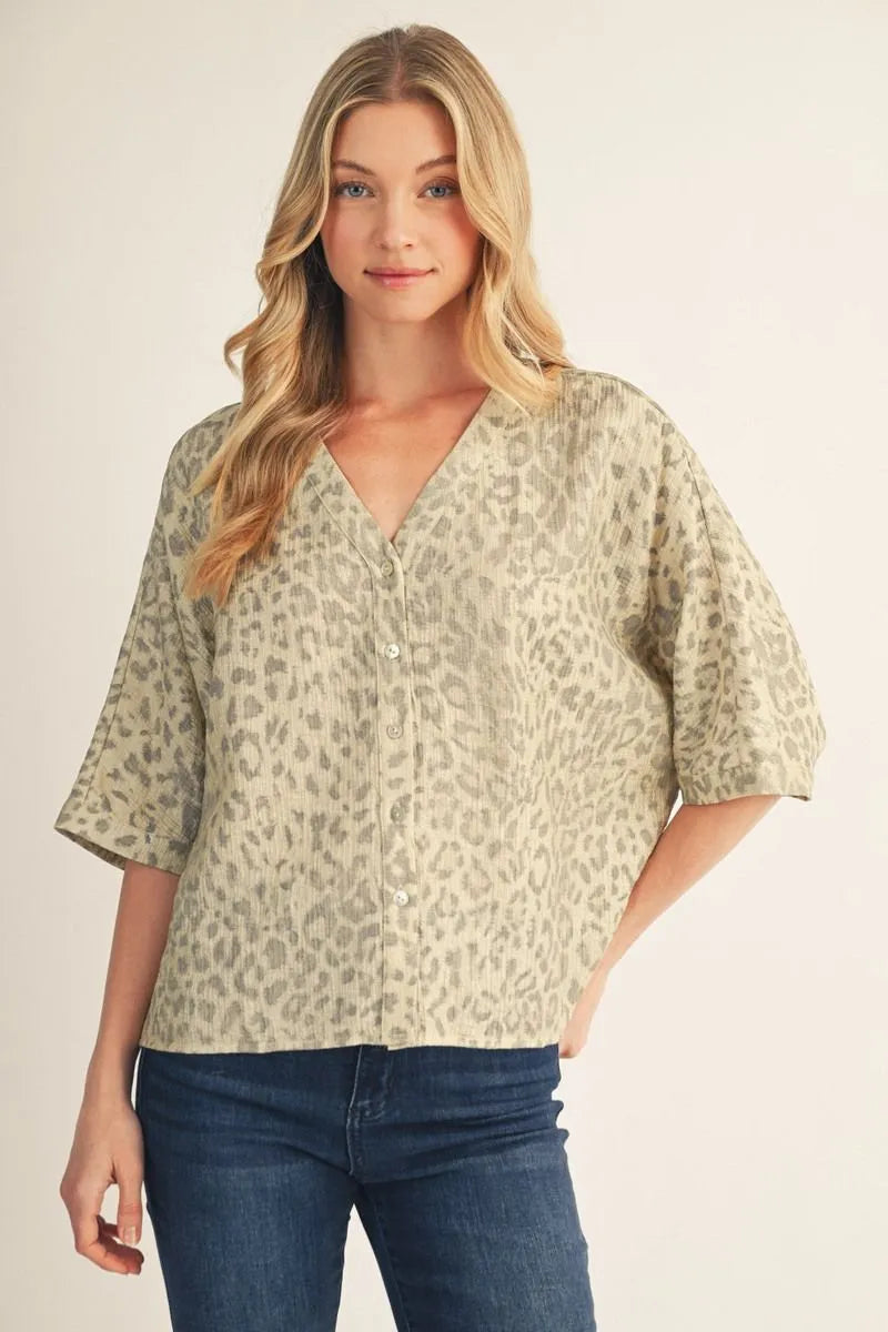 Drop shoulder button down metallic leopard top.