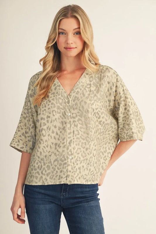 Drop shoulder button down metallic leopard top.