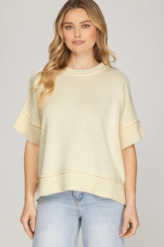 DROP HALF SLEEVE CREW NECK SWEATER TOP