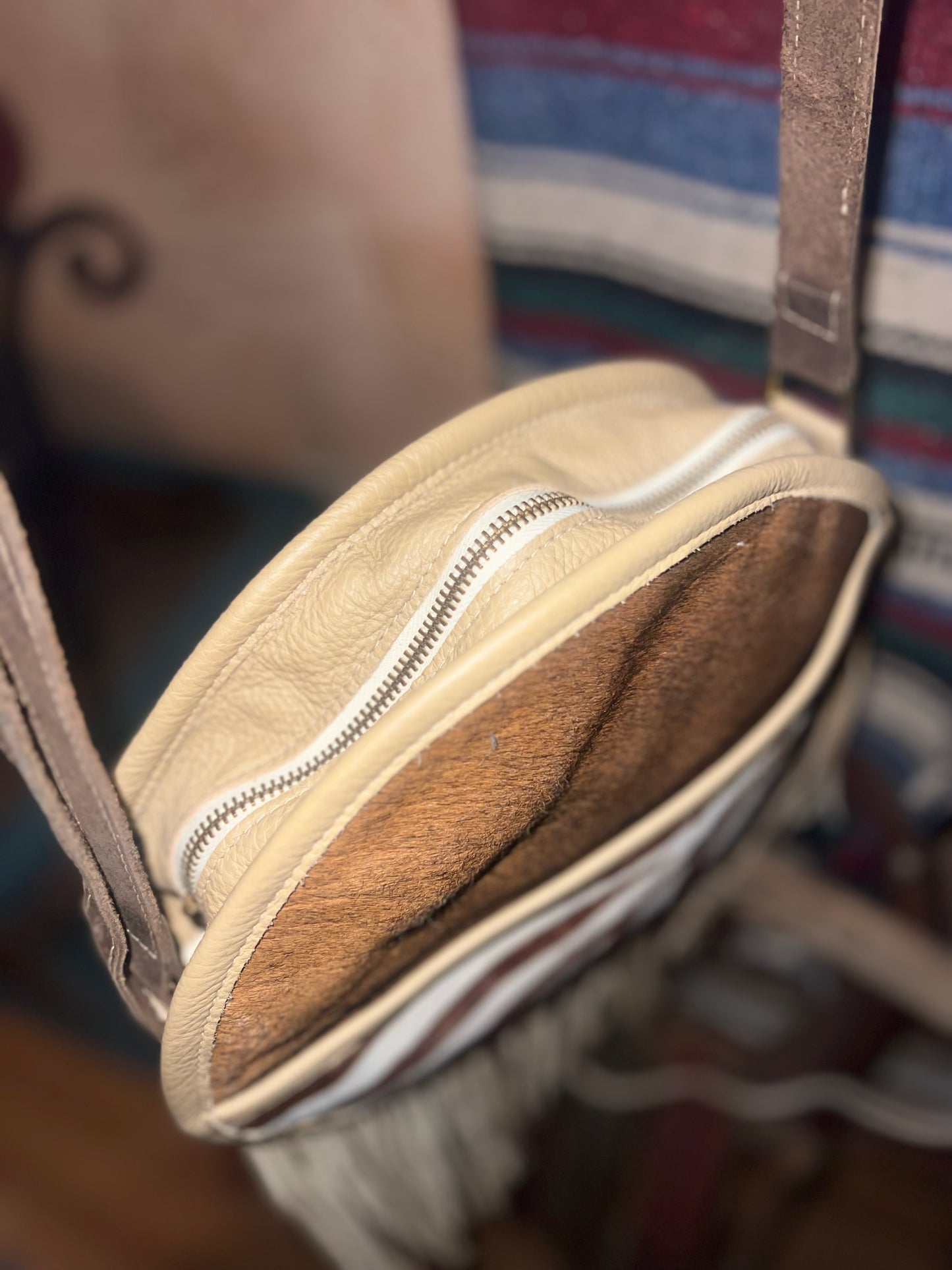 Zebra & Italian Leather Round Fringe Crossbody