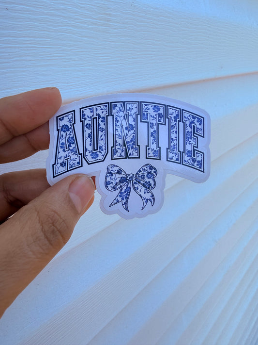 Auntie Blue Floral Bow Sticker
