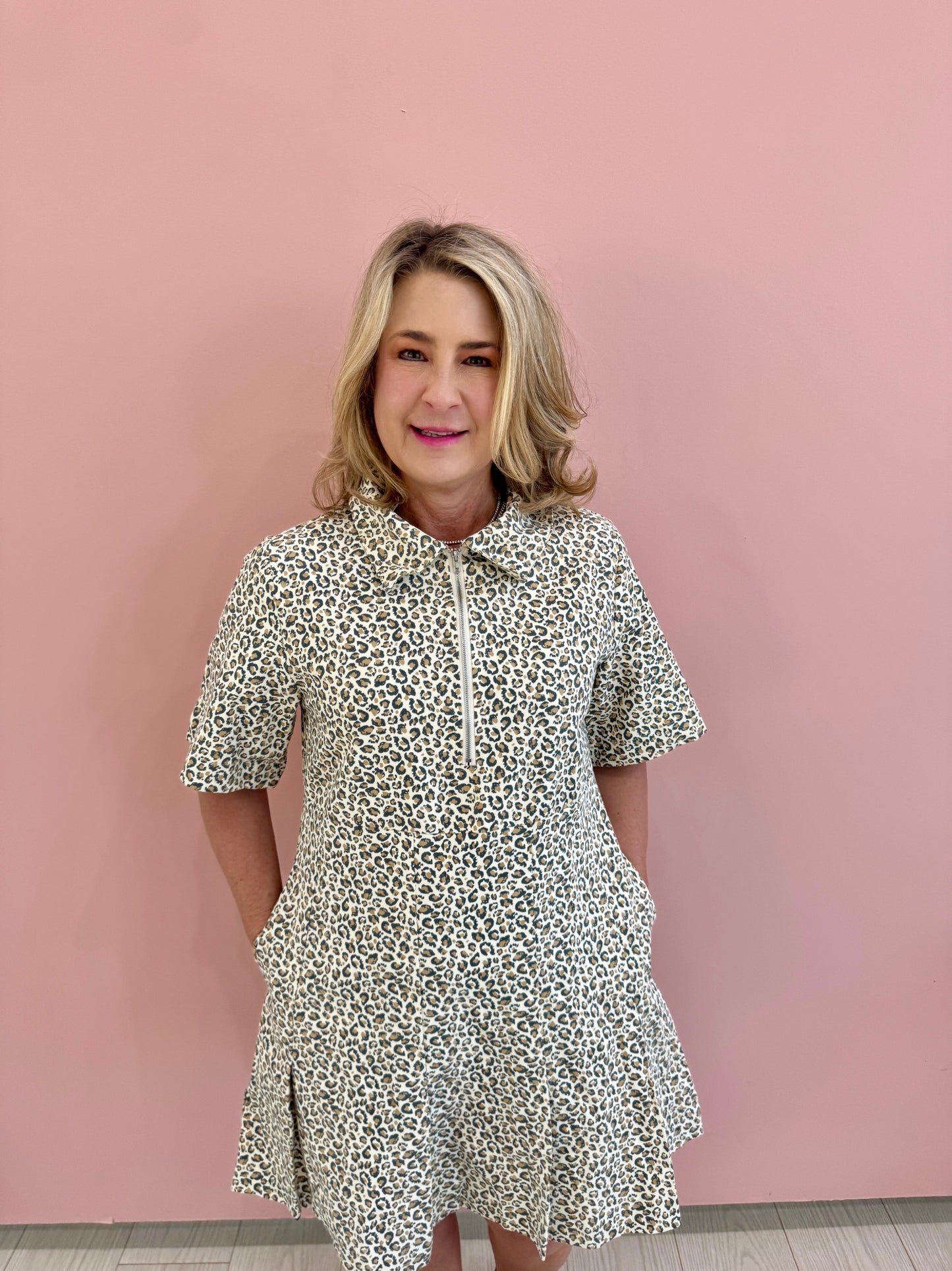 Cheetah Pleated Dress- Oatmeal
