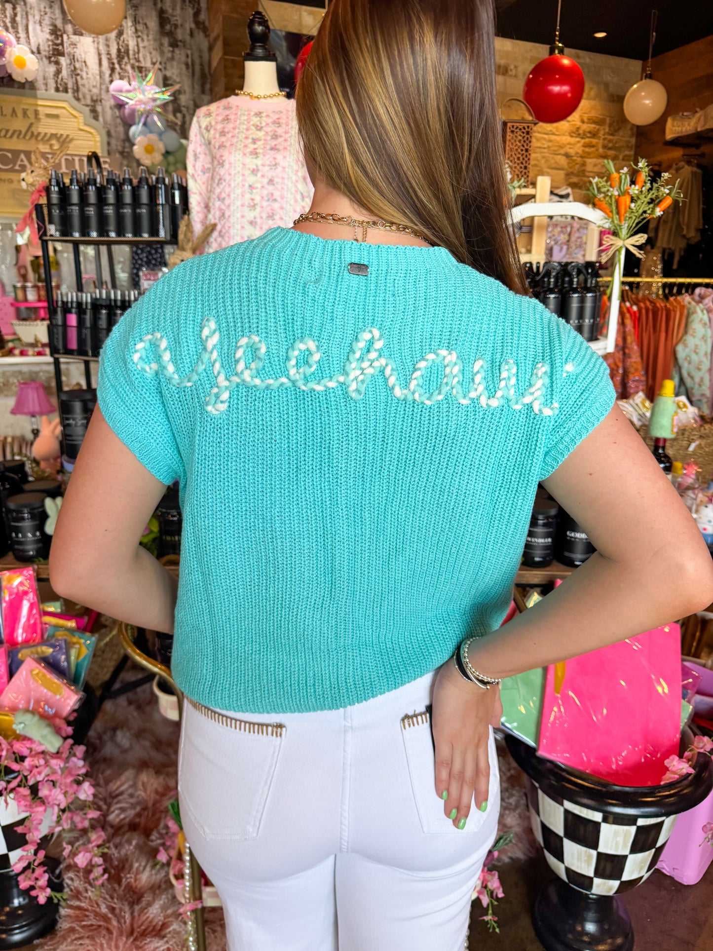 Mint Knit Sweater Boot-stitch Embroidered Pocket Edge Thread Top
