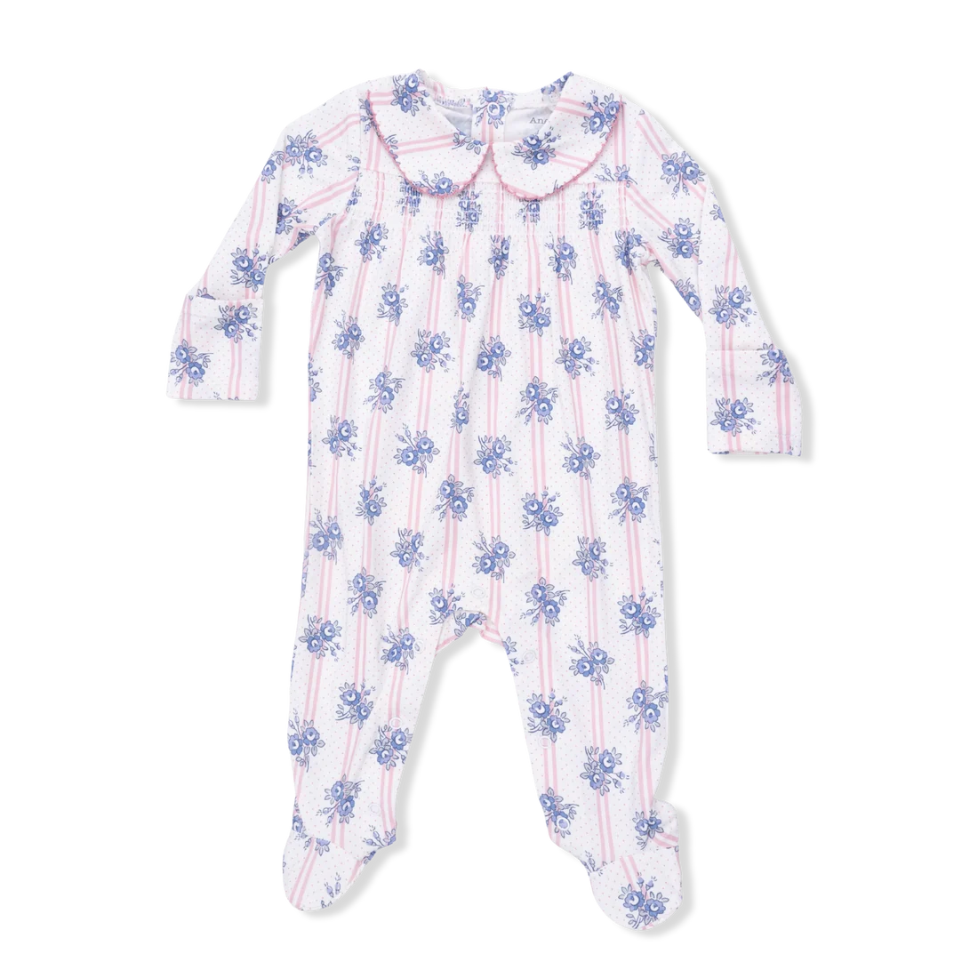 Stripe Dot Roses  Smocked Peter Pan Snap Footie