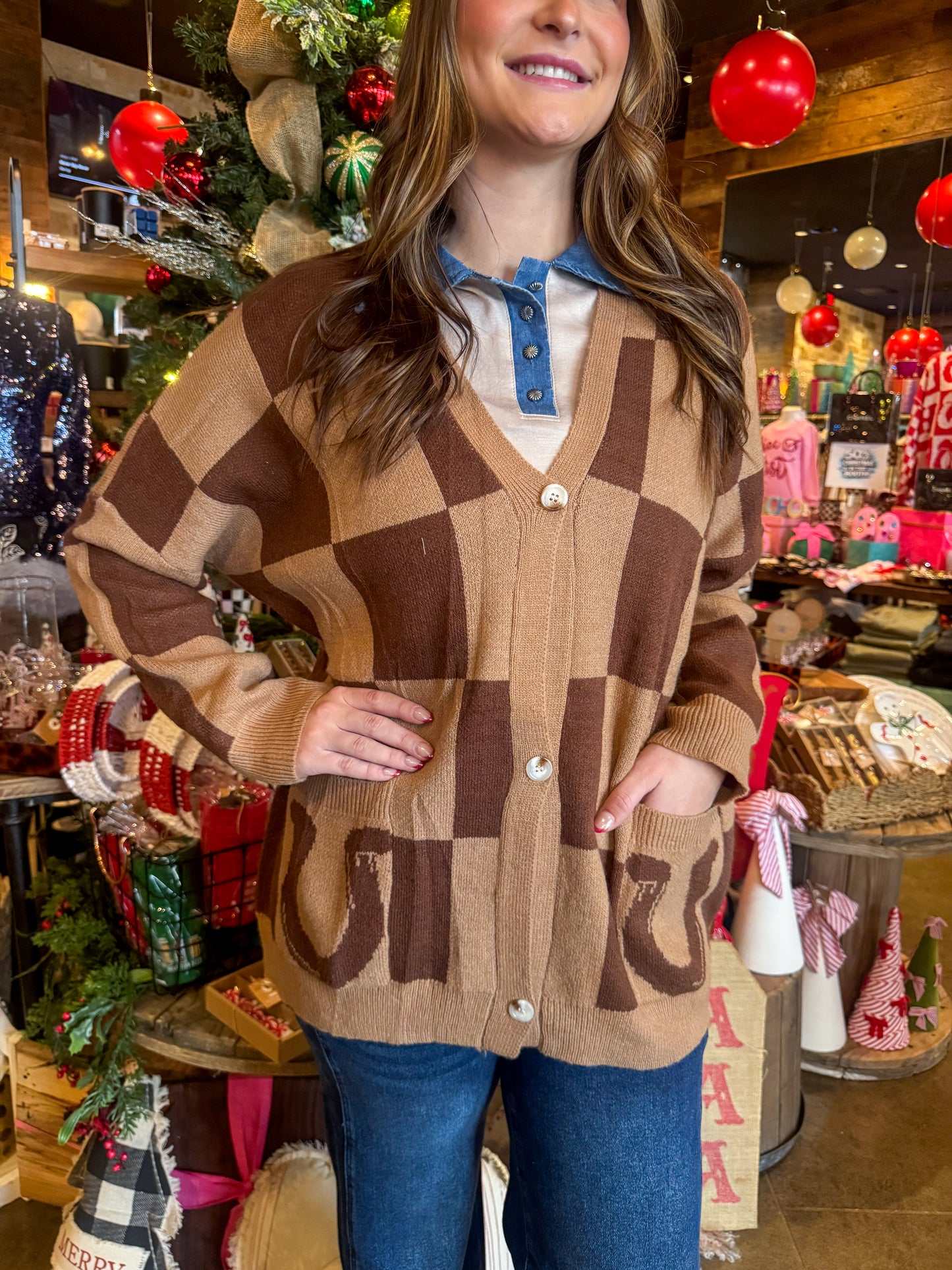 Brown check horseshoe cardi