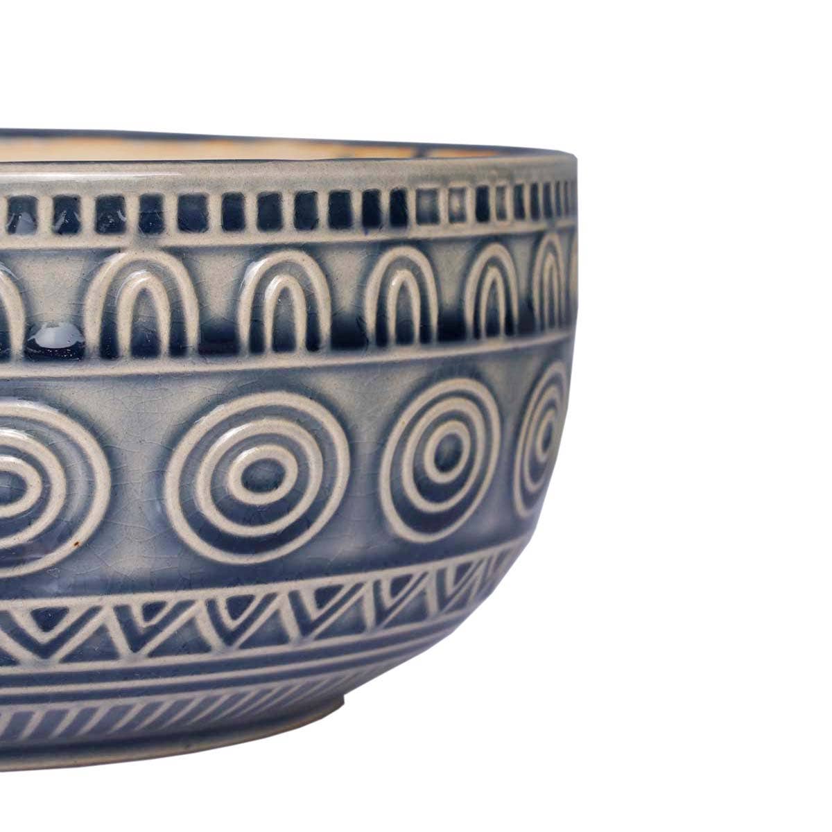 Ceramic 8" diameter blue planter with circular designs