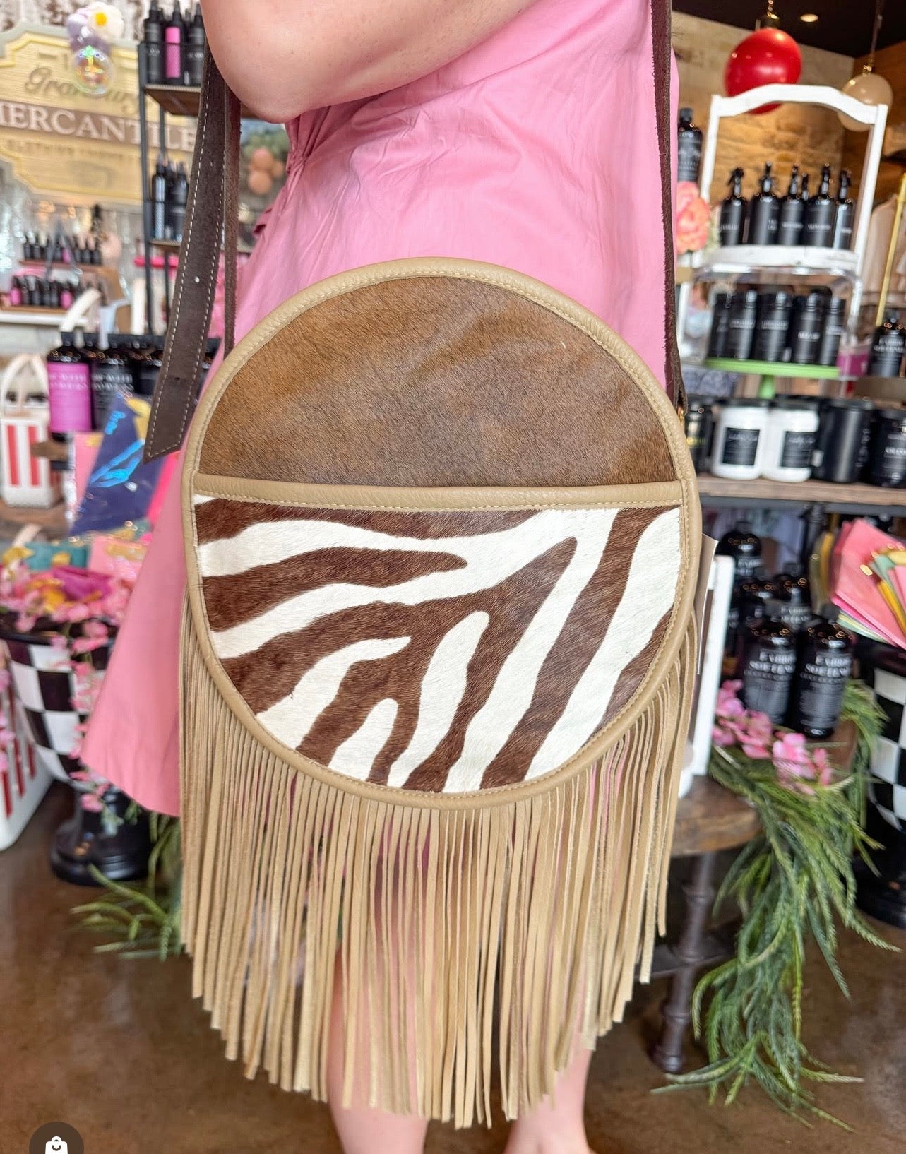 Zebra & Italian Leather Round Fringe Crossbody