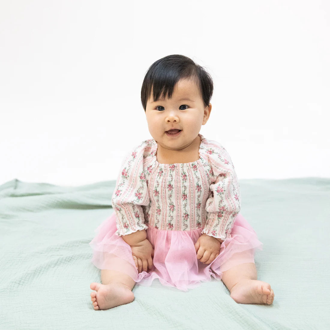 Winding Roses Stripe  Long Sleeve Smocked Bubble with Tutu