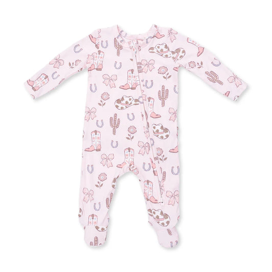 Cowgirl Boots and Bows  2 Way Ruffle Back Zipper Footie