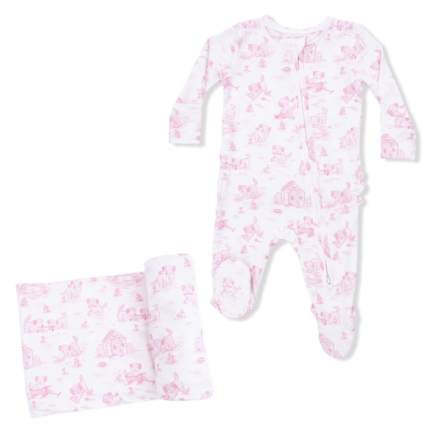 Puppy Toile Pink Ruffled Footie