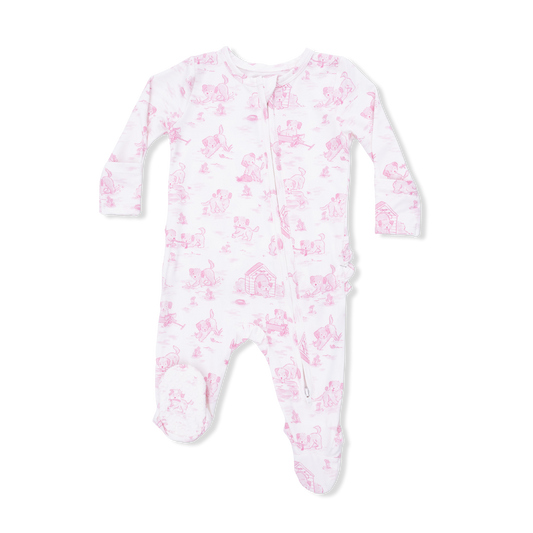Puppy Toile Pink Ruffled Footie