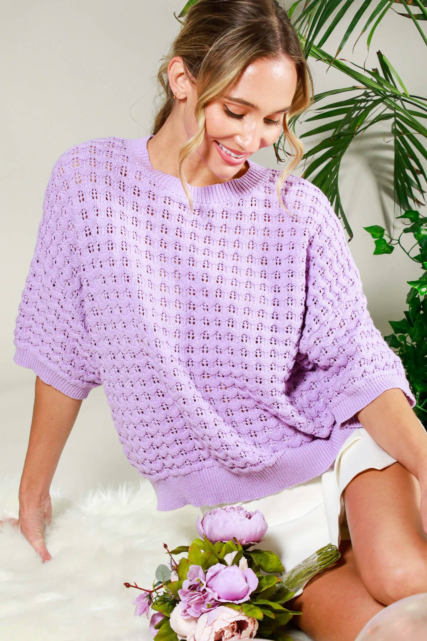 Crew Neck Short-Sleeve Crochet Knitted Sweater Top  VT81841: Lavender /