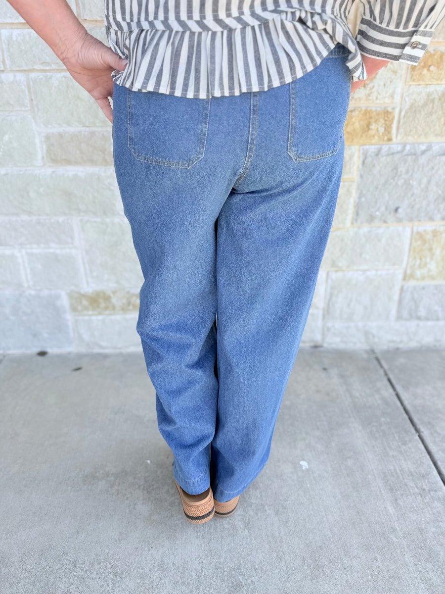 High-Waist Paper-Bag Wide-Leg Denim Trousers