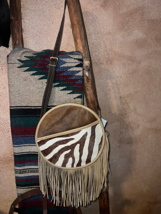 Zebra & Italian Leather Round Fringe Crossbody