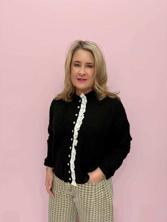 Sabrina Black Knitted Lace Trim Cardigan