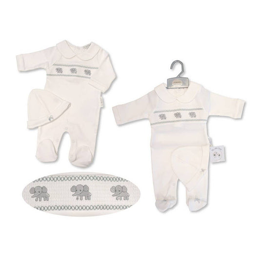 Baby All in One with Smocking and Hat - Elephant - White: 0 to 3 Months
