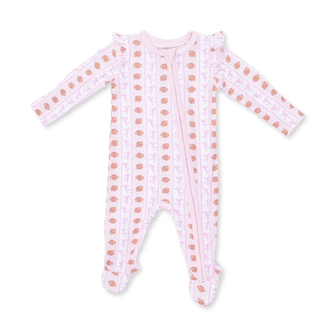 Football Bow Stripe  2 Way Ruffle Sleeve Zipper Footie